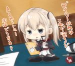  1girl black_gloves black_legwear blonde_hair blue_eyes blush capelet cellphone chibi commentary_request eyebrows_visible_through_hair gloves graf_zeppelin_(kantai_collection) holding holding_phone jitome kantai_collection long_sleeves minigirl pantyhose phone single_glove sitting smartphone solo square_mouth taisa_(kari) translation_request twintails v-shaped_eyebrows 