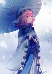  1girl baozishark blue_hat blue_kimono chinese_commentary commentary_request dated hat highres holding holding_umbrella japanese_clothes kimono long_sleeves looking_to_the_side mob_cap oriental_umbrella outdoors pink_eyes pink_hair ribbon_trim saigyouji_yuyuko snow snowing solo standing touhou tree triangular_headpiece umbrella wide_sleeves winter 