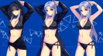  1girl arms_up bikini black_bikini bracelet breasts caster choker cleavage commentary_request fate/stay_night fate_(series) hood jewelry ktsis large_breasts long_hair looking_at_viewer multiple_views navel pointy_ears purple_hair swimsuit violet_eyes 