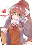  1girl :p absurdres arm_rest artist_name bangs bespectacled blazer blush bow box breasts brown_hair chair collared_shirt commentary desk doki_doki_literature_club eyebrows_visible_through_hair gift gift_box glasses green_eyes hair_bow hand_up head_tilt heart heart-shaped_box highres holding holding_gift jacket letter long_hair long_sleeves looking_at_viewer medium_breasts monika_(doki_doki_literature_club) neck_ribbon ponytail red_ribbon ribbon school_desk school_uniform shiny shiny_hair shirt sidelocks simple_background sitting solo thigh-highs tongue tongue_out upper_body valentine vest white_background wing_collar xhunzei 