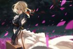  1girl artist_name blonde_hair braid commentary ears_visible_through_hair hair_between_eyes highres holding long_hair looking_down multicolored multicolored_background multicolored_clothes patreon_logo patreon_username solo suitcase violet_evergarden violet_evergarden_(character) wlop 