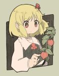  1girl black_vest blonde_hair bright_pupils closed_mouth eyebrows_visible_through_hair flower hair_ornament highres leaf long_sleeves red_eyes red_neckwear rumia sasa_kichi short_hair solo touhou traditional_media upper_body vest 