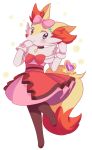  blue_eyes blush bow braixen clothed_pokemon cosplay dress gloves hair_bow looking_at_viewer no_humans pink_(4chan) pink_bow pink_dress pokemon pokemon_(creature) red_bow serena_(pokemon) serena_(pokemon)_(cosplay) solo standing standing_on_one_leg 