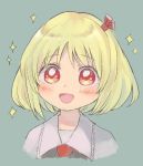  1girl :d blonde_hair blue_background blush commentary_request hair_ornament looking_at_viewer necktie open_mouth portrait red_eyes red_neckwear rumia sasa_kichi simple_background smile solo sparkle touhou upper_body wing_collar 