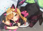  1girl :3 all_fours alternate_costume animal_ears argyle argyle_legwear bead_bracelet beads black_cat_d.va black_dress black_footwear black_gloves blonde_hair blush bow bowtie bracelet breast_press breasts brown_eyes bush cat_ears charm_(object) confetti d.va_(overwatch) day dress eyebrows_visible_through_hair facepaint facial_mark fake_tail frilled_dress frilled_skirt frills from_above full_body gloves gothic_lolita gun hair_bow handgun haru_to_neru_(act_partner) heart highres holding holding_gun holding_weapon jewelry lolita_fashion looking_at_viewer looking_to_the_side mecha medium_breasts medium_hair meka_(overwatch) outdoors overwatch pantyhose pink_bow pistol puffy_short_sleeves puffy_sleeves purple_skirt road shoes short_sleeves skirt smile solo sparkle tail tail_bow tri_tails twintails weapon whisker_markings 