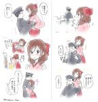  1boy 3girls admiral_(kantai_collection) bow brown_hair comic covering_eyes drill_hair expressions hair_bow hakama harukaze_(kantai_collection) hat hatakaze_(kantai_collection) hug japanese_clothes kamikaze_(kantai_collection) kantai_collection kimono lifting meiji_schoolgirl_uniform military military_uniform multiple_girls nyoriko pink_kimono red_bow red_eyes red_hakama stove translation_request twin_drills twitter_username uniform upper_body white_background 