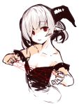  1girl bangs bare_shoulders black_dress cat&#039;s_cradle collarbone dress eyebrows_visible_through_hair holding horns looking_at_viewer off-shoulder_dress off_shoulder original parted_lips pointy_ears red_eyes simple_background sketch solo white_background white_hair yuuji_(yukimimi) 