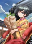  1girl abazu-red ahoge artist_name bag black_eyes black_hair closed_mouth clouds cloudy_sky commentary_request day eyebrows_visible_through_hair floral_print flower girls_und_panzer grocery_bag highres holding isuzu_hana japanese_clothes kimono long_hair long_sleeves looking_at_viewer outdoors print_kimono rickshaw shopping_bag signature sitting sky smile solo wide_sleeves yellow_kimono 