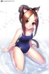  1girl alternate_hairstyle animal_ears arms_at_sides artist_name bangs bare_arms bare_legs bare_shoulders barefoot black_hairband blue_swimsuit blush breasts brown_eyes brown_hair cat_ears cat_tail closed_mouth collarbone competition_school_swimsuit covered_navel eyebrows_visible_through_hair fake_animal_ears forehead full_body hair_bun hairband jurrig karakai_jouzu_no_takagi-san long_hair looking_at_viewer on_floor parted_bangs petals puddle shiny shiny_skin sidelocks sitting small_breasts smile solo swimsuit tail takagi-san tareme tile_floor tiles wariza water watermark web_address white_background 