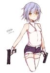  1girl :o breasts dated dual_wielding gloves gun handgun holding holding_gun holding_weapon looking_at_viewer maze_(gochama_ze_gohan) original parted_lips pink_shirt pistol purple_hair purple_shorts shirt short_hair short_shorts shorts signature simple_background sleeveless sleeveless_shirt small_breasts solo thigh-highs weapon white_background white_gloves white_legwear yellow_eyes 