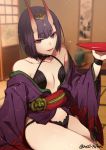  1girl 2f_sq alcohol bangs bare_shoulders blurry blurry_background bob_cut collarbone cup depth_of_field eyebrows_visible_through_hair fate/grand_order fate_(series) holding horns indoors japanese_clothes kimono long_sleeves looking_at_viewer obi off_shoulder oni oni_horns open_clothes open_kimono parted_lips purple_hair purple_kimono revealing_clothes sakazuki sake sash short_hair shuten_douji_(fate/grand_order) sitting smile solo thick_eyebrows twitter_username urn violet_eyes wide_sleeves 
