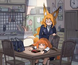  2girls animal_ears bag bangs blank_stare blue_jacket blunt_bangs blush brown_eyes brown_hair business_suit cabinet chair clock collared_shirt commentary_request cutlery desk dishes doitsuken ears_down electric_plug fang_out faucet formal fox_ears fox_tail gift hairband highres indoors jacket long_hair long_sleeves looking_afar microwave mittens mittens_removed mole mole_under_eye multiple_girls note original red-framed_eyewear refrigerator school_bag school_uniform semi-rimless_eyewear serafuku shirt short_eyebrows short_hair shoulder_bag sink slit_pupils spotlight standing suit tail teapot tears thick_eyebrows tissue tissue_box under-rim_eyewear valentine wall_clock white_shirt wing_collar 