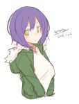  1girl bangs blush closed_mouth dated eyebrows_visible_through_hair fur-trimmed_hood green_eyes green_jacket hood hood_down hooded_jacket jacket looking_at_viewer looking_to_the_side maze_(gochama_ze_gohan) original purple_hair signature simple_background sketch smile solo upper_body white_background 