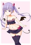  1girl ajidot arms_at_sides black_legwear black_skirt cowboy_shot heart highres horn long_hair looking_at_viewer midriff navel new_game! purple_hair skirt smile spaghetti_strap standing stomach_tattoo suzukaze_aoba tail thigh-highs twintails violet_eyes wings zettai_ryouiki 