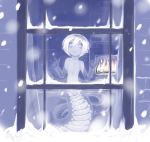  1girl against_window fire fireplace from_outside idon lamia monochrome monster_girl nude original pointy_ears purple short_hair smile snow snowing solo white_hair 