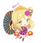 1girl :d blonde_hair chibi commentary english_commentary eyebrows_visible_through_hair flower full_body green_eyes hair_flower hair_ornament hairclip head_tilt hitsukuya japanese_clothes kimono long_sleeves looking_at_viewer love_live! love_live!_school_idol_project ohara_mari open_mouth oriental_umbrella purple_flower purple_kimono short_hair smile solo standing standing_on_one_leg tied_hair umbrella