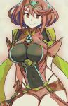  1girl arms_behind_back breasts circlet covered_navel eric_muentes forehead_jewel hip_vent pyra_(xenoblade) large_breasts looking_at_viewer red_eyes redhead short_hair short_shorts shorts smile solo xenoblade xenoblade_2 