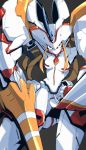  1girl absurdres breasts closed_mouth darling_in_the_franxx facing_away frown grey_background highres holding holding_weapon horn humanoid_robot lance legs_apart lips looking_at_viewer mecha medium_breasts orange_eyes park_bandi pink_lips polearm robot simple_background solo spear standing strelizia weapon 