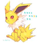  :&lt; artist_name closed_mouth full_body hideko_(l33l3b) jolteon looking_at_viewer no_humans pokemon pokemon_(creature) red_eyes signature simple_background sitting white_background 