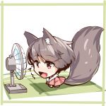  1girl :d animal_ears bangs brown_hair chibi dress electric_fan eyebrows_visible_through_hair fan_speaking fox_ears fox_girl fox_tail long_sleeves looking_away open_mouth original pink_dress red_eyes short_hair smile solo tail towel towel_around_neck wet yuuji_(yukimimi) 