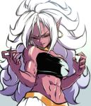  1girl abs android_21 android_21_(evil) bare_arms black_nails black_sclera breasts dragon_ball dragon_ball_fighterz dragonball_z half-closed_eyes harem_pants looking_at_viewer majin_android_21 midriff monster_girl muscle nail_polish navel pants pink_skin pointy_ears red_eyes smile smirk solo stomach strapless toned tubetop veins white_hair 
