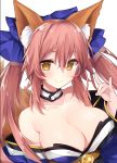  1girl animal_ears breasts closed_mouth detached_sleeves fate/extra fate/extra_ccc fate_(series) fox_ears fox_shadow_puppet fox_tail hair_ribbon highres japanese_clothes large_breasts long_hair miko_92 pink_hair ribbon smile solo tail tamamo_(fate)_(all) tamamo_no_mae_(fate) upper_body yellow_eyes 
