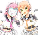  &gt;_&lt; 2girls :d ahoge arm_warmers backlighting belt cat_ear_headphones cat_tail green_eyes hand_on_headphones hand_on_hip headphones headset hoshizora_rin looking_at_viewer love_live! love_live!_school_idol_festival love_live!_school_idol_project mask multiple_girls navel neckerchief open_mouth orange_hair orange_neckwear perfect_dream_project pimi_(ringsea21) pink_hair pink_neckwear pointing pointing_at_self sailor_collar short_hair short_sleeves skirt smile star tail tennouji_rina wavy_mouth white_background 