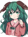  1girl alternate_hair_length alternate_hairstyle ameyu_(rapon) animal_ears closed_mouth commentary_request dog_ears dress eyebrows_visible_through_hair green_eyes green_hair hand_in_hair kasodani_kyouko long_hair looking_at_viewer pink_dress simple_background smile solo touhou upper_body white_background 