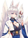  1girl animal_ears azur_lane breasts cleavage cleavage_cutout collar eyebrows_visible_through_hair fox_ears fox_mask fox_tail hayama_kazusa highres holding holding_mask japanese_clothes kaga_(azur_lane) kimono kitsune large_breasts lips long_sleeves looking_at_viewer mask mask_removed parted_lips ribbon_trim shiny shiny_hair simple_background smile solo tail tassel tsurime underbust white_background wide_sleeves wristband 