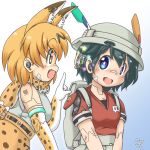  2girls backpack bag bare_shoulders bow bowtie bucket_hat computer_chip fang gaketsu gloves hat japari_symbol kaban_(kemono_friends) kemono_friends mechanization multiple_girls open_mouth parts_exposed serval_(kemono_friends) shirt smile t-shirt 