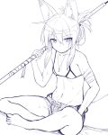  1girl bandage bandaged_arm bangs barefoot bikini_top breasts closed_mouth collarbone commentary_request eyebrows_visible_through_hair folded_ponytail hair_between_eyes holding holding_spear holding_weapon long_hair looking_at_viewer monochrome navel original polearm shorts sidelocks sitting sketch small_breasts solo spear tamakagura_inari weapon yagi_(ningen) 