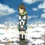  artist_request blue_sky blush breath brown_hair closed_eyes clouds commentary_request full_body kantai_collection long_sleeves mountainous_horizon neck_ribbon open_mouth pigeon-toed ribbon sailor_collar scarf school_uniform serafuku shirayuki_(kantai_collection) sidelocks sky snow standing v_arms 