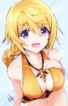  1girl absurdres azumi_akitake bare_shoulders bikini blonde_hair breasts charlotte_dunois collarbone from_above hand_on_own_chest highres infinite_stratos jewelry large_breasts long_hair looking_at_viewer looking_up necklace pendant smile solo swimsuit violet_eyes wet wet_clothes 