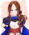  1girl bangs black_bow blue_coat blue_eyes blue_gloves blush bow brown_hair closed_mouth dress elbow_gloves fate/grand_order fate_(series) forehead gloves hair_bow hands_on_hips highres leonardo_da_vinci_(fate/grand_order) long_hair looking_at_viewer parted_bangs puffy_short_sleeves puffy_sleeves short_sleeves side_ponytail smile sofra solo translation_request white_dress 