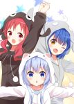  3girls :o ;d absurdres animal_hood arm_up blue_eyes blue_hair blush commentary_request fang gochuumon_wa_usagi_desu_ka? hair_ornament highres hood jouga_maya kafuu_chino kousaka_nobaku looking_at_viewer multiple_girls natsu_megumi one_eye_closed open_mouth outstretched_arms pajamas red_eyes redhead smile star starry_background x_hair_ornament yellow_eyes 