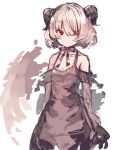  1girl arms_at_sides bare_shoulders black_bow black_dress black_gloves bow collarbone demon_horns dress elbow_gloves gloves hair_over_one_eye horns looking_at_viewer original red_eyes short_hair silver_hair sketch sleeveless sleeveless_dress solo yuuji_(yukimimi) 