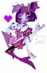  1girl amakusa_(hidorozoa) black_hair blue_skin boots cup dress extra_arms extra_eyes full_body heart high_heels insect_girl knee_boots looking_at_viewer monster_girl muffet ribbon short_hair smile solo spider spider_girl teacup undertale violet_eyes white_background 