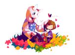  1boy 1girl =_= amakusa_(hidorozoa) androgynous boots brown_footwear brown_hair butterfly cake closed_eyes eating fang fang_out flower food food_on_face fork frisk_(undertale) goat_girl heart horns long_sleeves petting plate seiza sitting smile tabard toriel transparent_background undertale wide_sleeves 