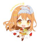 1girl :d ball beachball blue_bow blush bow chibi commentary english_commentary food frills full_body hair_bow hair_ornament hairclip headband hitsukuya holding kunikida_hanamaru looking_at_viewer love_live! love_live!_school_idol_project open_mouth orange_eyes orange_hair popsicle round_teeth sandals simple_background smile solo teeth watermelon_bar white_background x_hair_ornament