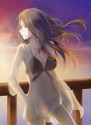  1girl absurdres bikini bikini_top black_bikini breasts brown_eyes brown_hair highres medium_breasts murasaki_arashi navel original railing see-through shorts solo standing summer sunset swimsuit white_shorts 