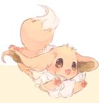  :3 :d blush brown_eyes dot_nose ears_down eevee falling fluffy full_body hideko_(l33l3b) looking_at_viewer no_humans open_mouth pokemon pokemon_(creature) smile two-tone_background 