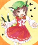  1girl animal_ears brown_eyes brown_hair cat_ears cat_tail chen dress earrings fangs hat jewelry looking_at_viewer makuwauri mob_cap multiple_tails neck_ribbon open_mouth ribbon short_hair slit_pupils smile solo tail touhou two_tails v 