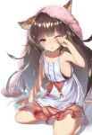  1girl animal_ears armpits aster_(granblue_fantasy) bare_shoulders brown_eyes brown_hair dress erun_(granblue_fantasy) flat_chest granblue_fantasy highres kneeling long_hair messy_hair one_eye_closed sleepy topia towel towel_on_head 