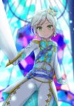  aikatsu! aikatsu_stars! blurry blurry_background character_request crown earrings epaulettes eyebrows_visible_through_hair gloves green_eyes jewelry long_sleeves looking_at_viewer mini_crown niiya pants short_hair smile sword tagme weapon white_gloves white_pants 