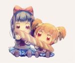  2girls :3 artist_name baguette blonde_hair blue_eyes blue_hair blue_skirt bow bread brown_footwear chibi commentary_request eating food grey_background hair_bow hair_ornament hair_scrunchie holding long_sleeves manino_(mofuritaionaka) multiple_girls neckerchief pipimi pleated_skirt poptepipic popuko red_bow red_neckwear school_uniform scrunchie serafuku shirt shoes signature simple_background skirt twintails white_shirt yellow_eyes 