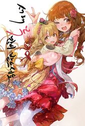  2girls :3 \m/ alternate_hairstyle blonde_hair blush bow braid commentary eyebrows_visible_through_hair flower frills futaba_anzu hair_flower hair_ornament hair_ribbon hanbok highres hug idolmaster idolmaster_cinderella_girls korean_clothes long_sleeves low_twintails moroboshi_kirari mossi multiple_girls nail_polish open_mouth pantyhose pink_nails red_ribbon ribbon simple_background traditional_clothes translation_request twin_braids twintails white_legwear 