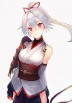  1girl arm_at_side arm_behind_back armor asymmetrical_clothes blush breasts closed_mouth fate/grand_order fate_(series) grey_background hair_between_eyes hair_ribbon head_tilt high_ponytail hip_vent japanese_armor japanese_clothes kimono kyoeiki long_hair long_sleeves looking_at_viewer medium_breasts obi red_eyes red_ribbon ribbon sash shoulder_armor silver_hair simple_background single_bare_shoulder single_detached_sleeve smile solo tomoe_gozen_(fate/grand_order) underbust upper_body white_kimono wide_sleeves 