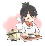 1girl black_hair blush closed_eyes cooking cutting_board floral_print houshou_(kantai_collection) kantai_collection kappougi knife long_hair matsutani ponytail pot smile solo upper_body white_background 