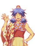  1boy blue_hair bracelet closed_eyes facial_mark hat jewelry kanikame low_twintails lute_(saga_frontier) male_focus open_mouth saga saga_frontier solo teeth twintails upper_body white_background 