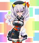  1girl :d alternate_costume bangs bare_shoulders beret blush breasts cleavage commentary_request cosplay cowboy_shot curly_hair eyebrows grey_eyes hair_between_eyes hair_ornament hairpin hat highres kaguya_luna kaguya_luna_(character) kaguya_luna_(character)_(cosplay) kantai_collection kashima_(kantai_collection) lipstick long_hair look-alike looking_at_viewer makeup open_mouth outline silver_hair sleeveless smile solo thigh-highs tk8d32 twintails waving white_outline zettai_ryouiki 